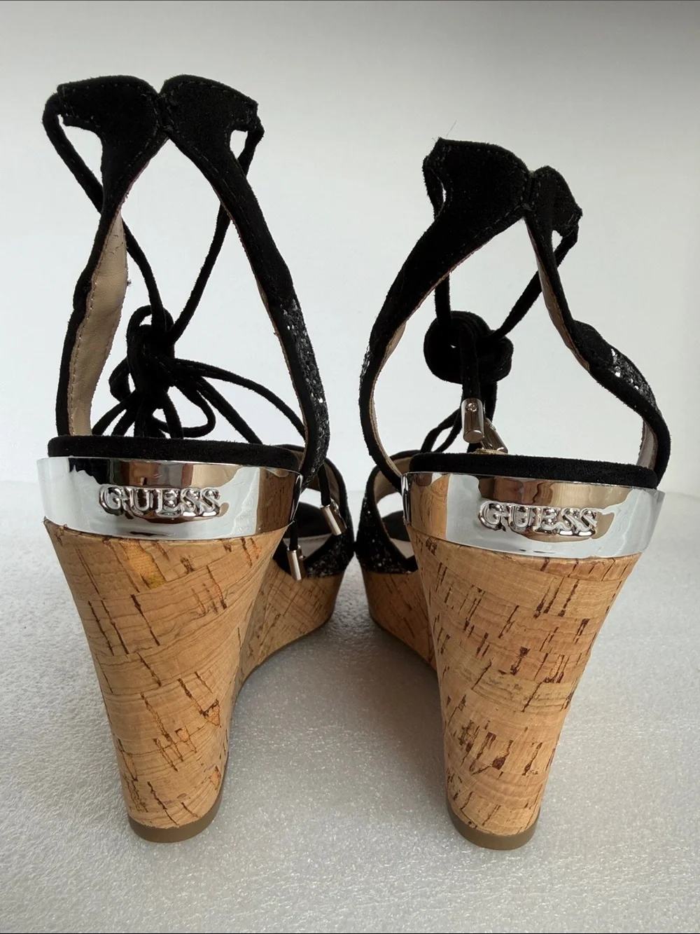Guess Black Glitter Cork Wedge Sandals with Ankle Tie